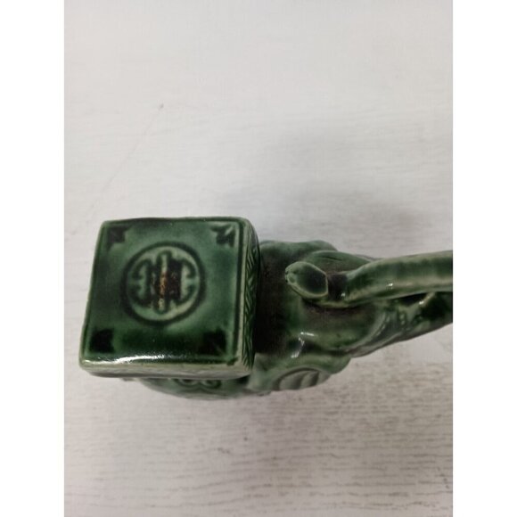 Vintage Green Majolica Pottery Ceramic Elephant Figurine Trunk Up Hand Painted - Picture 3 of 8